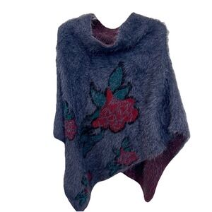 Fuzzy Knit Gray Floral Cape Viscose One Size Asymmetrical Hem Fuzzy Rare NWOT